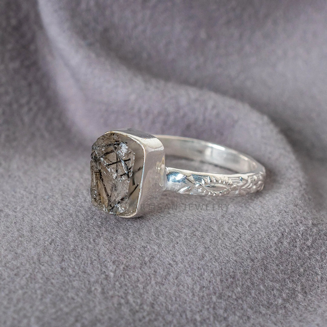 Black Rutile Gemstone Floral Anniversary Handmade Ring 925 Sterling Silver Black Quartz Engagement Solitaire Women's Promise Birthday Gift