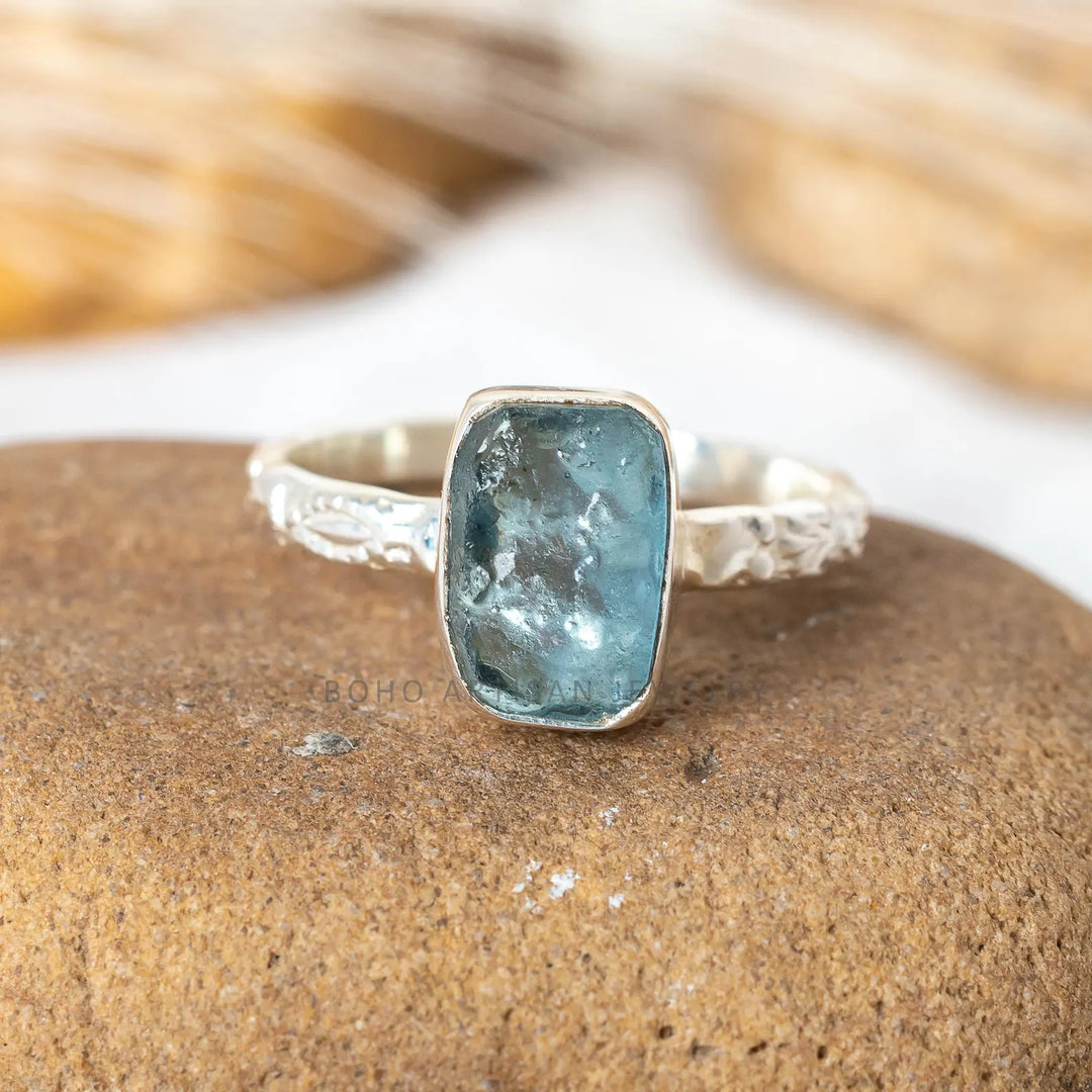 Raw Aquamarine Ring: Floral Sterling Silver, March Birthstone