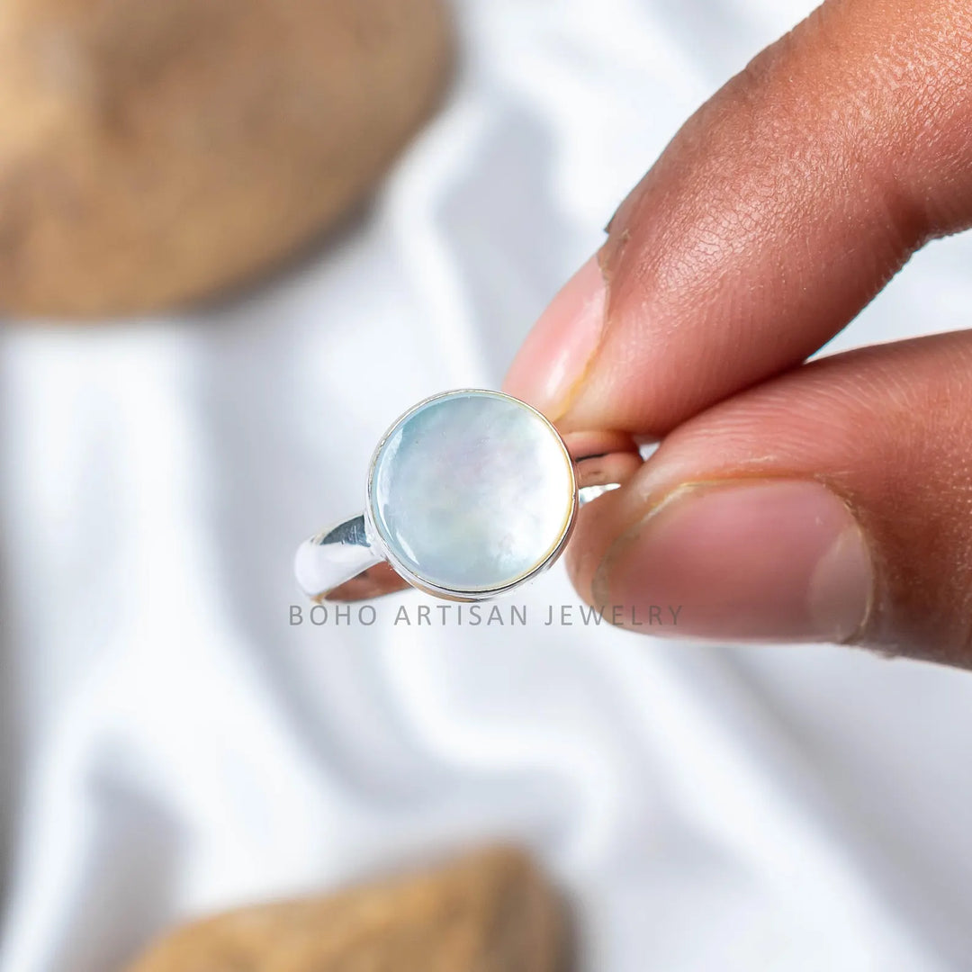 Mother of Pearl Ring: 925 Sterling Silver, Handmade Boho Ring