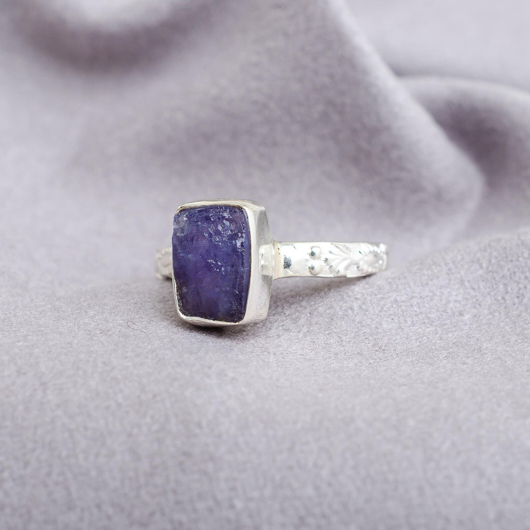Raw Tanzanite Sterling Silver Floral Ring: December Birthstone