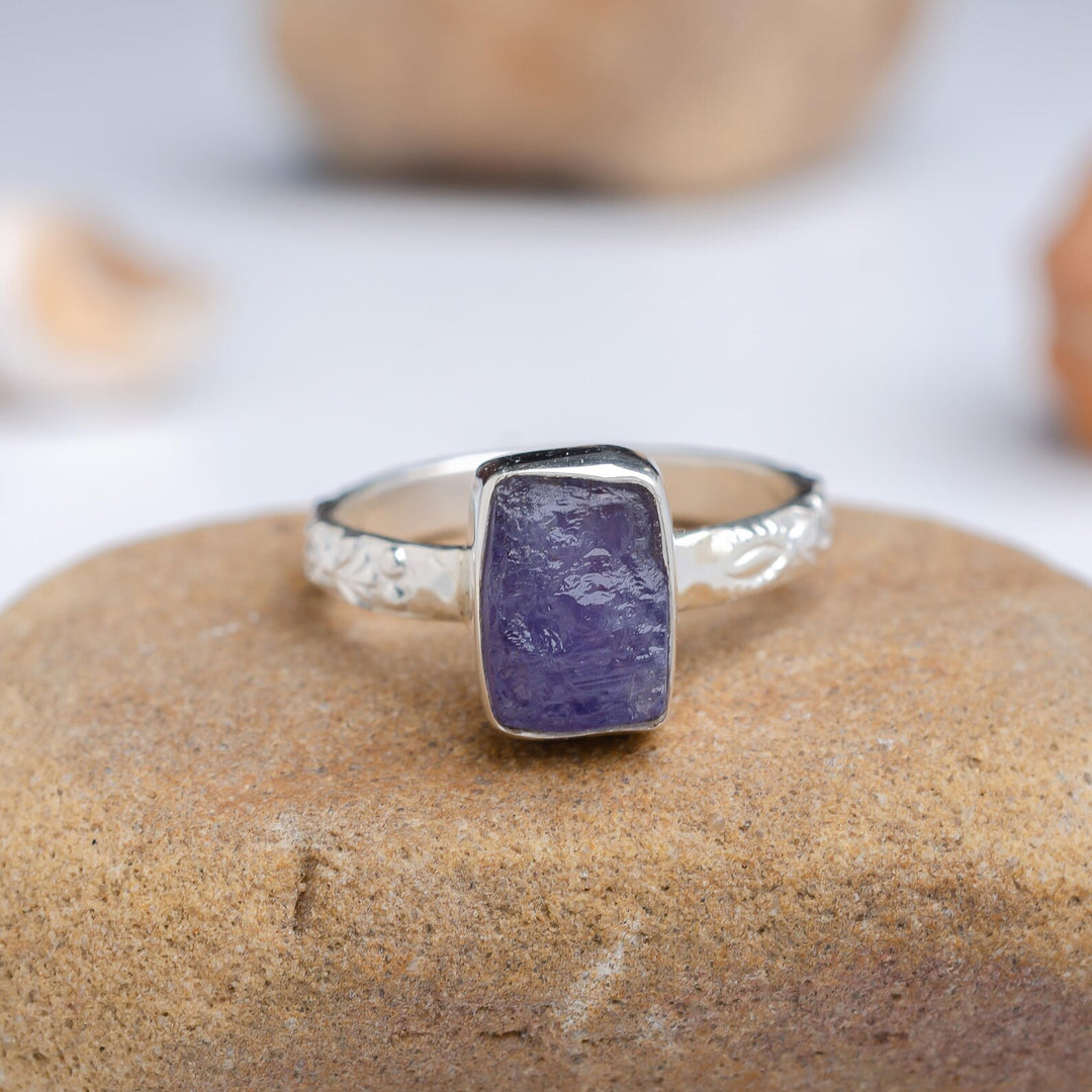 Raw Tanzanite Sterling Silver Floral Ring: December Birthstone