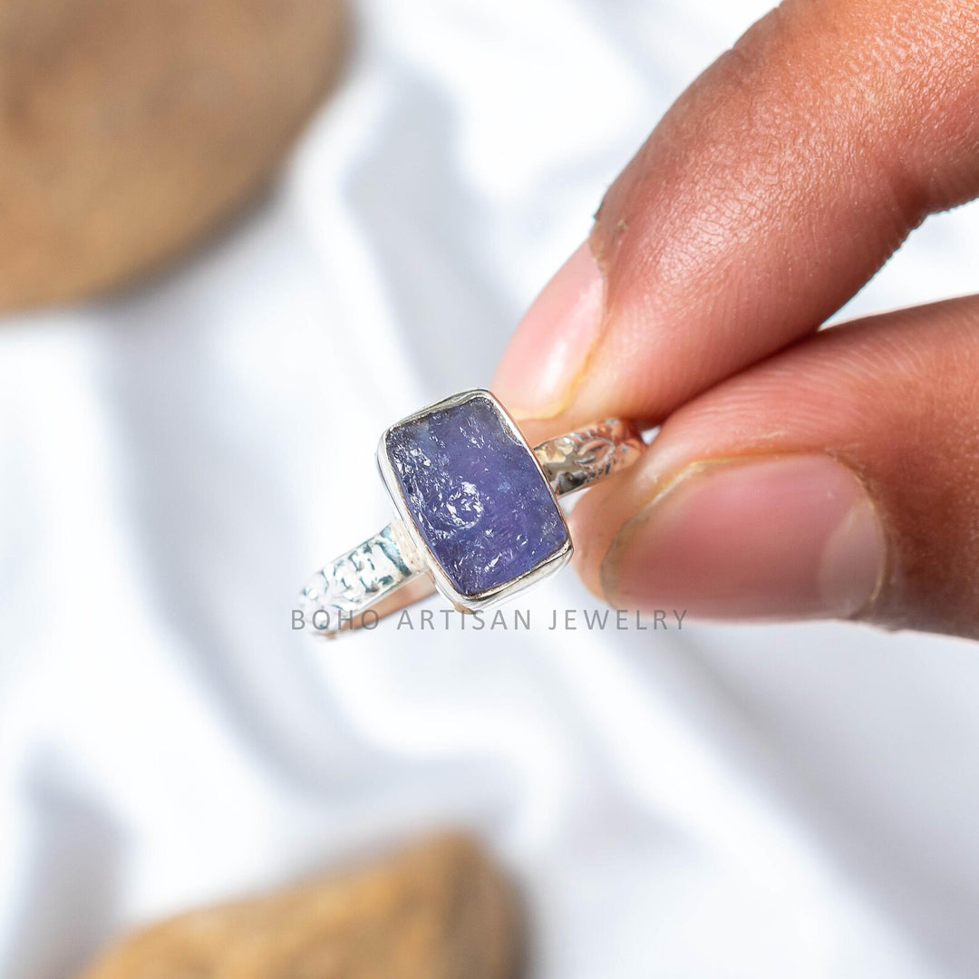 Raw Tanzanite Sterling Silver Floral Ring: December Birthstone