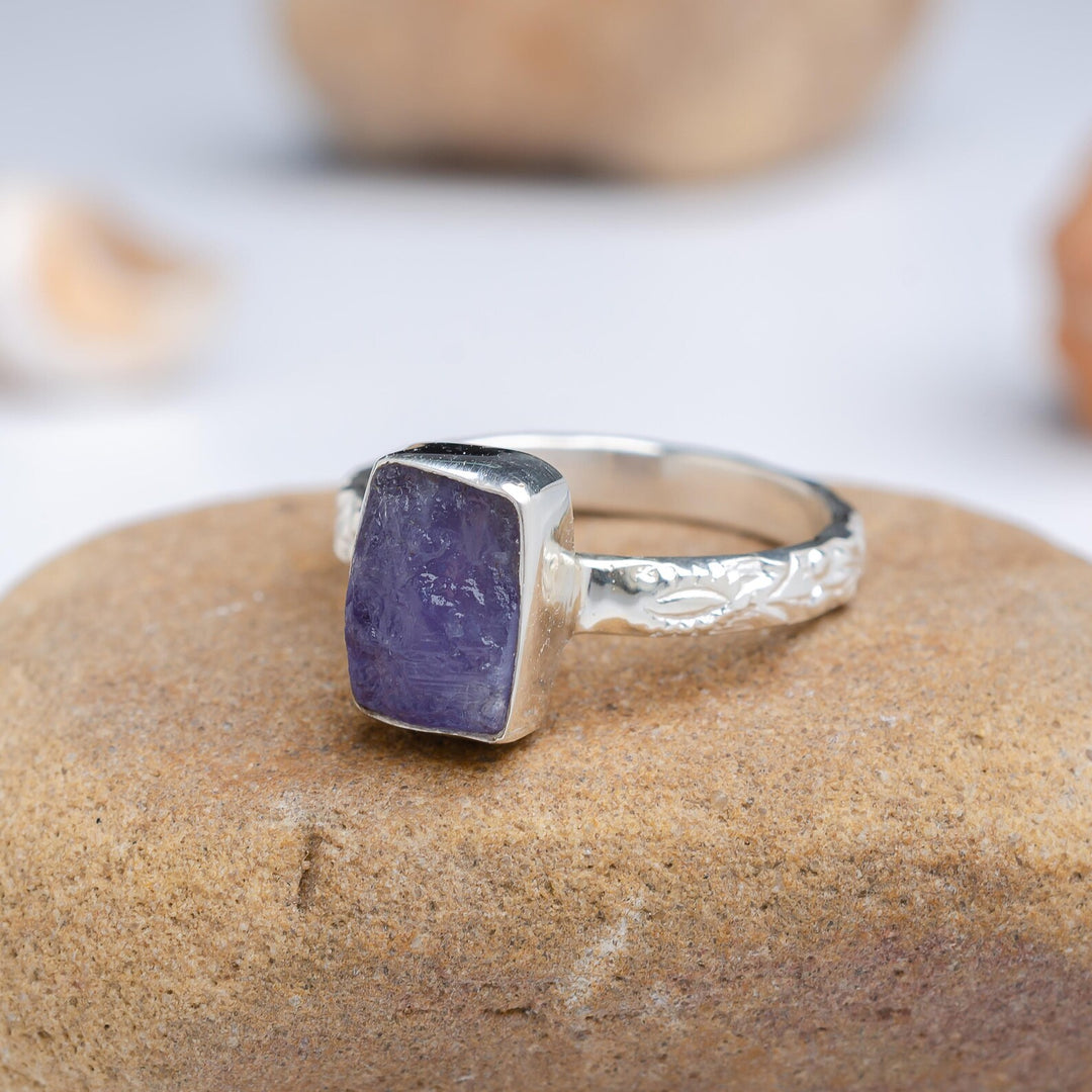 Raw Tanzanite Sterling Silver Floral Ring: December Birthstone