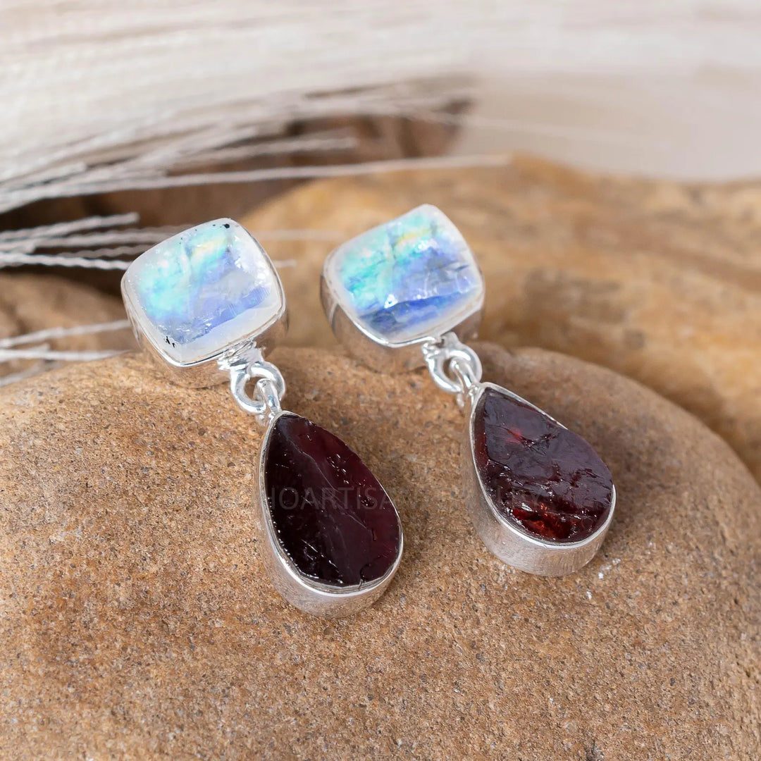 Raw Moonstone Garnet Stud Earrings: Sterling Silver Gemstone Jewelry