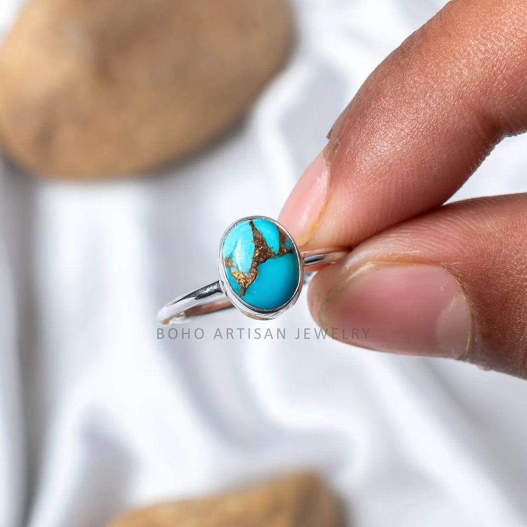 Copper Turquoise Sterling Silver Ring: Boho Gemstone Jewelry