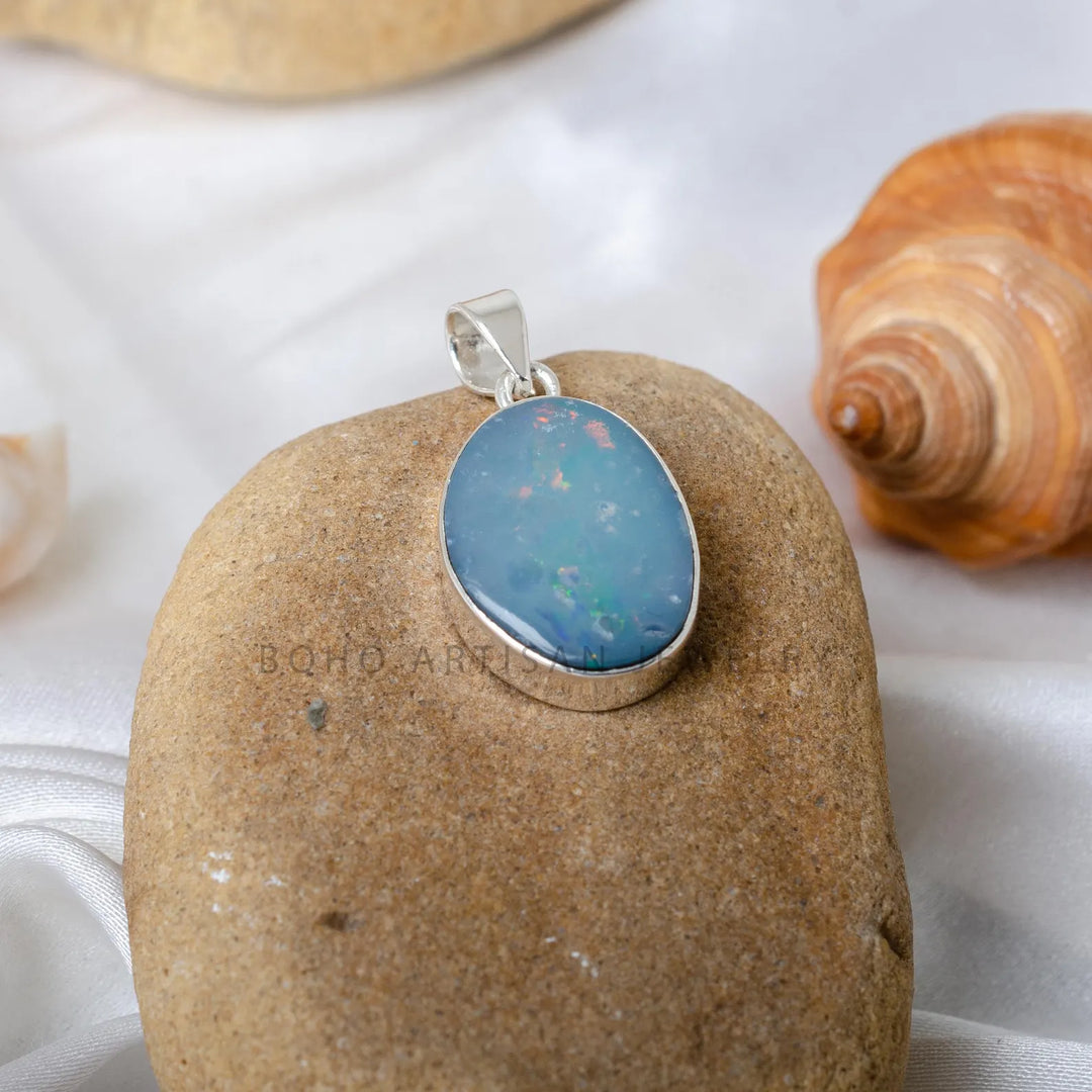 Boho Australian Opal Doublet Necklace: 925 Sterling Silver Pendant