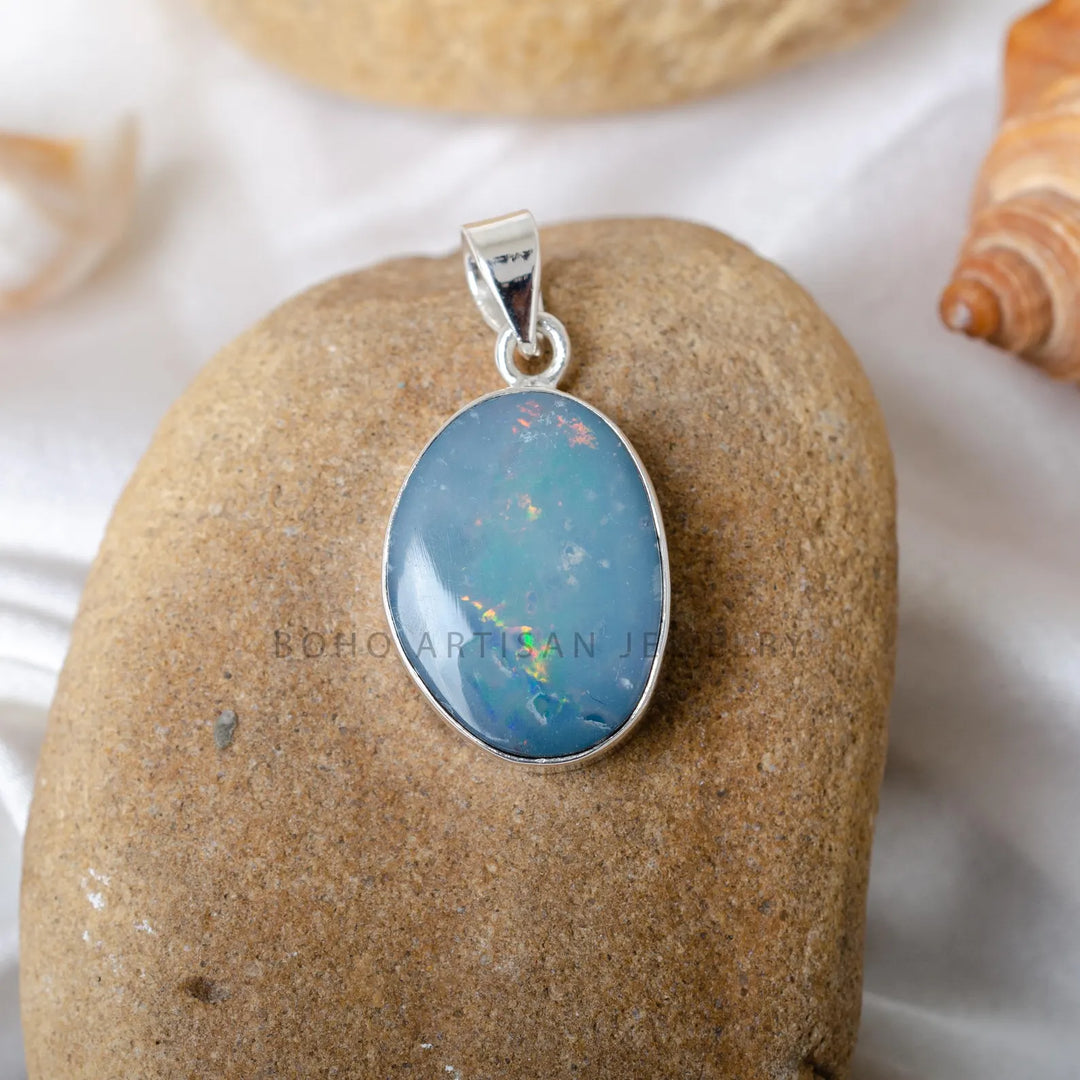 Boho Australian Opal Doublet Necklace: 925 Sterling Silver Pendant