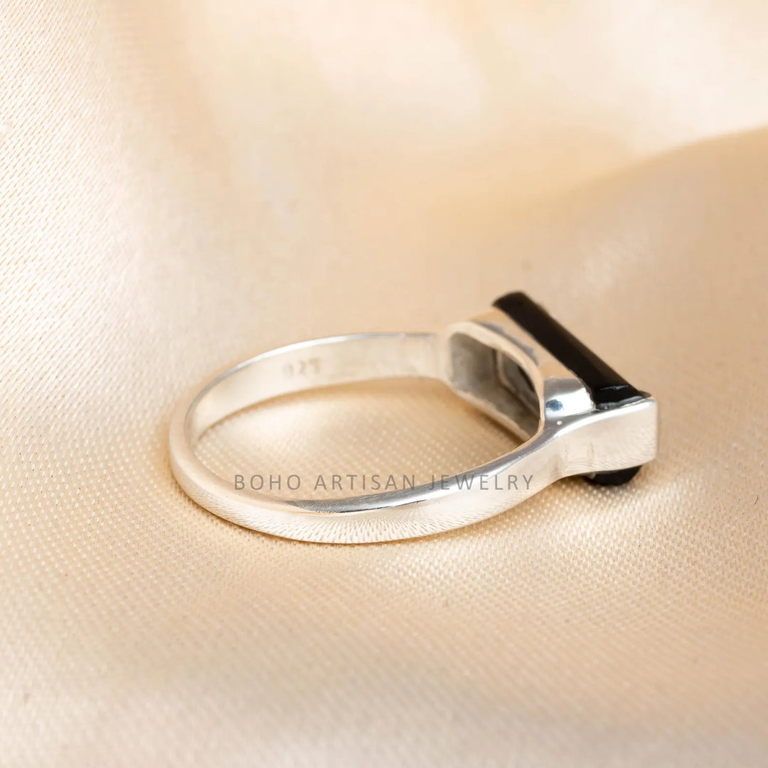 Black Tourmaline Bar Ring, Thin Bar Ring, Sterling Silver Ring, Stackable Jewelry, Dainty Bar Ring, October Birthstone Jewelry, Gift for her