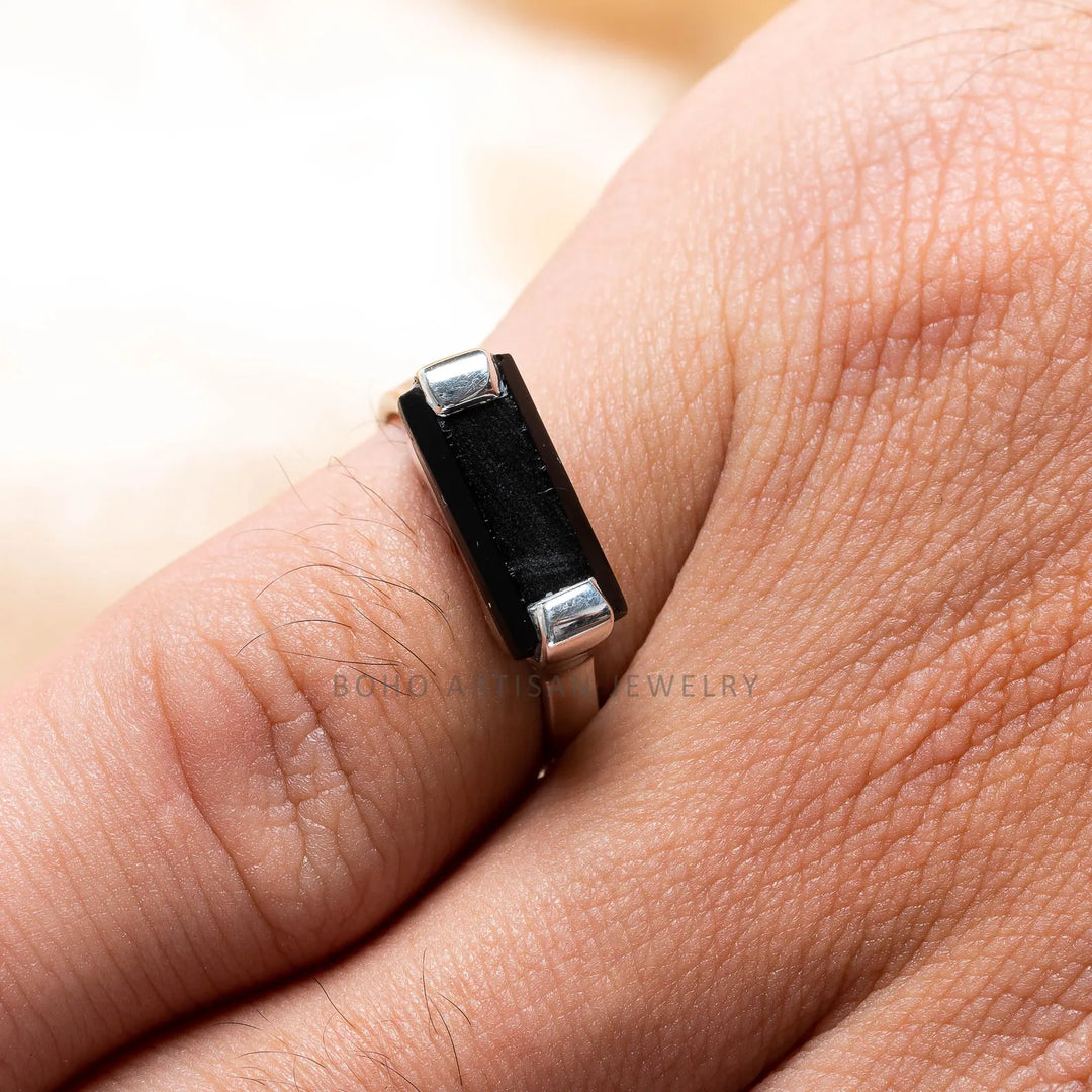 Black Tourmaline Bar Ring, Thin Bar Ring, Sterling Silver Ring, Stackable Jewelry, Dainty Bar Ring, October Birthstone Jewelry, Gift for her
