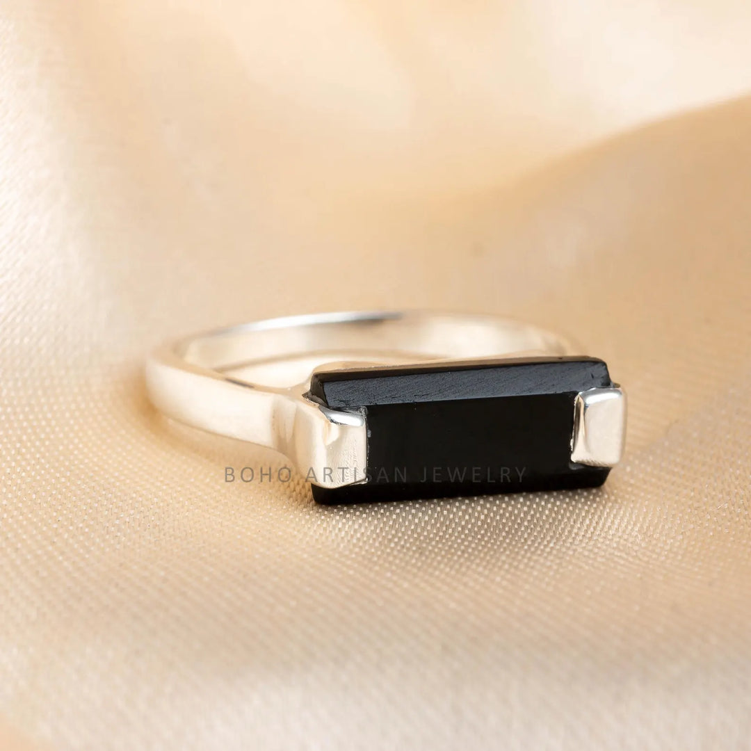 Black Tourmaline Bar Ring, Thin Bar Ring, Sterling Silver Ring, Stackable Jewelry, Dainty Bar Ring, October Birthstone Jewelry, Gift for her