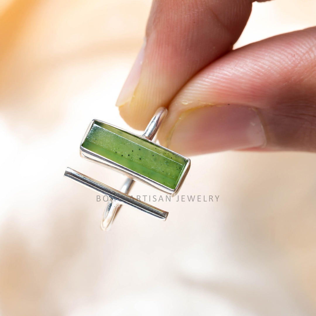 Raw Green Jade Bar Ring: Sterling Silver Adjustable Statement Jewelry