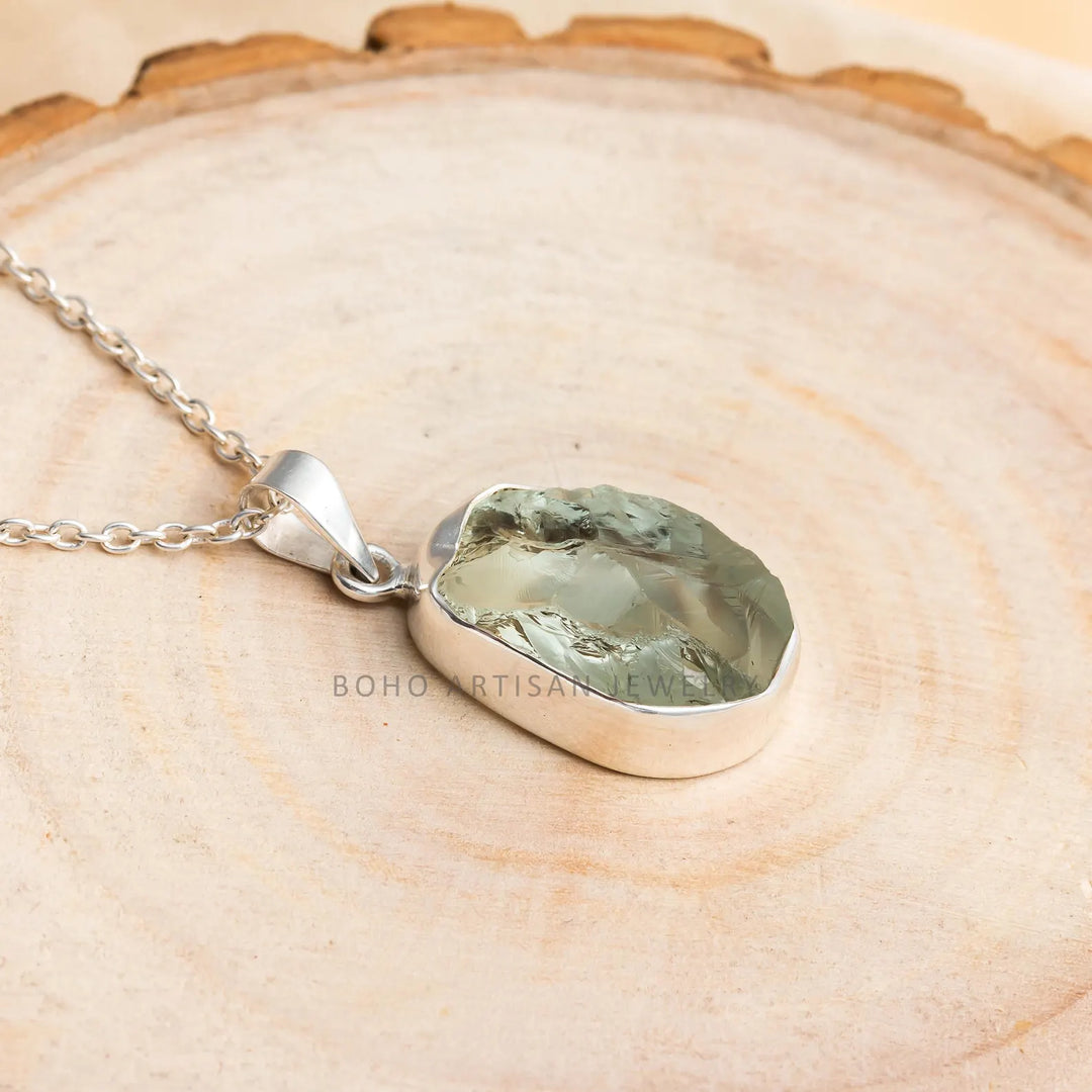 Raw Green Amethyst Pendant: Sterling Silver Prasiolite Necklace