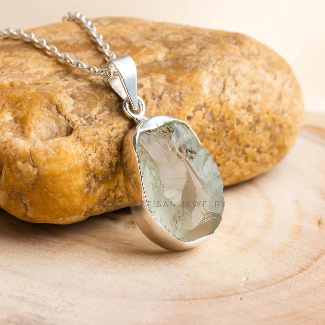 Raw Green Amethyst Pendant: Sterling Silver Prasiolite Necklace