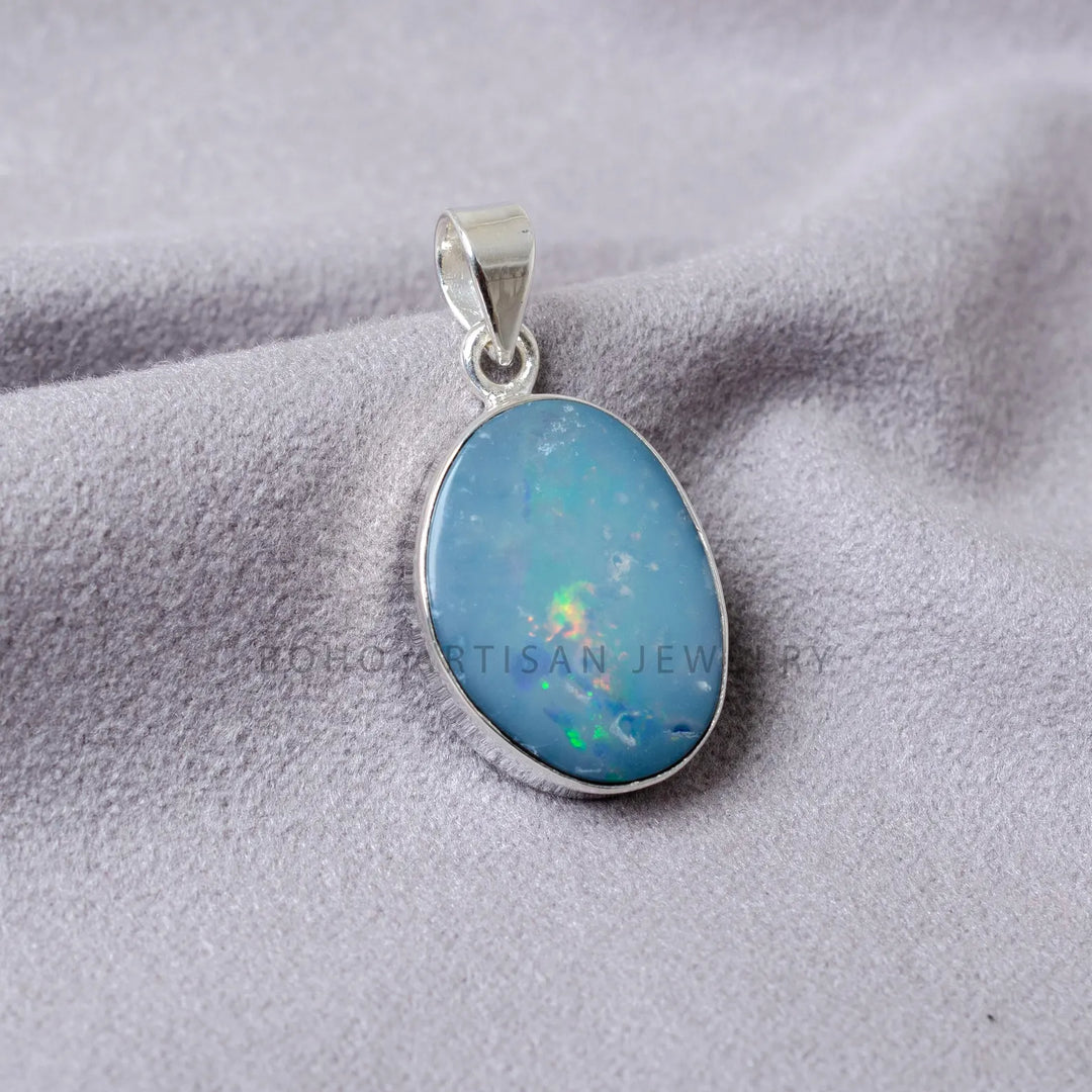 Boho Australian Opal Doublet Necklace: 925 Sterling Silver Pendant