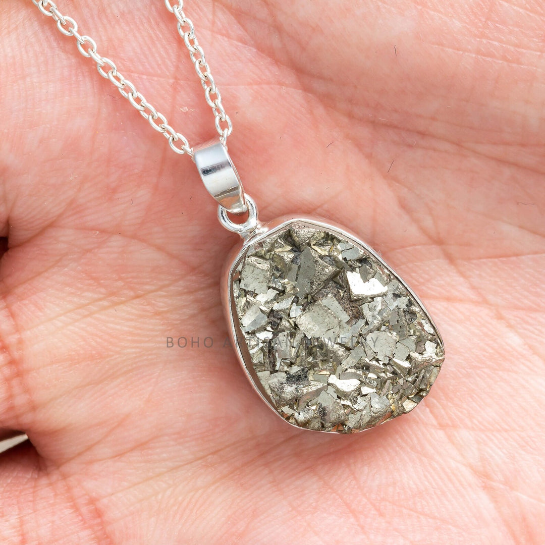 Raw Pyrite Druzy Pendant: Sterling Silver Boho Necklace