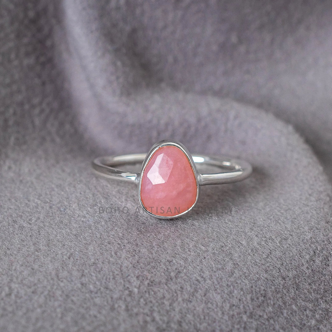 Dainty Pink Opal Ring: Rose Cut Sterling Silver, Handmade Promise Ring
