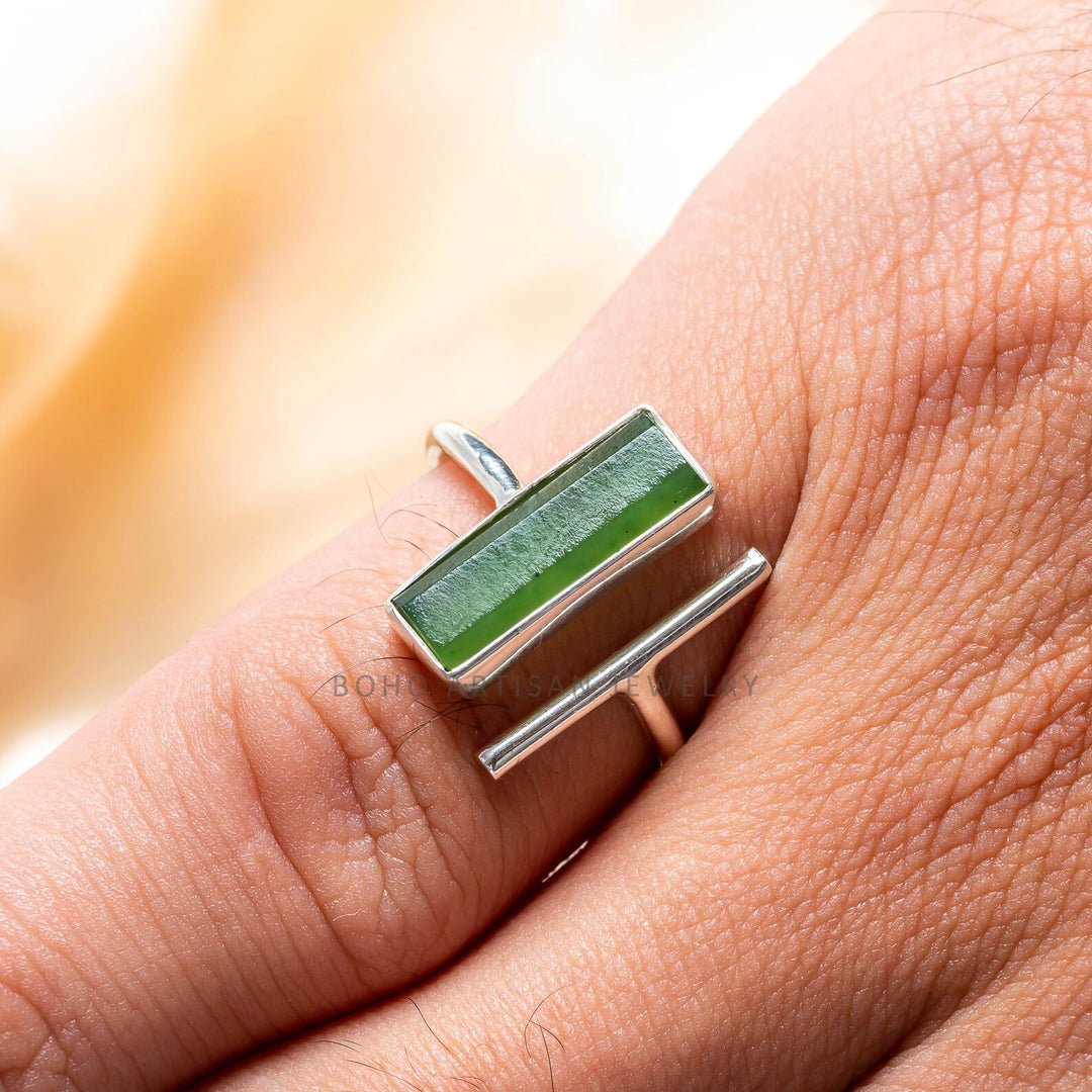 Raw Green Jade Bar Ring: Sterling Silver Adjustable Statement Jewelry