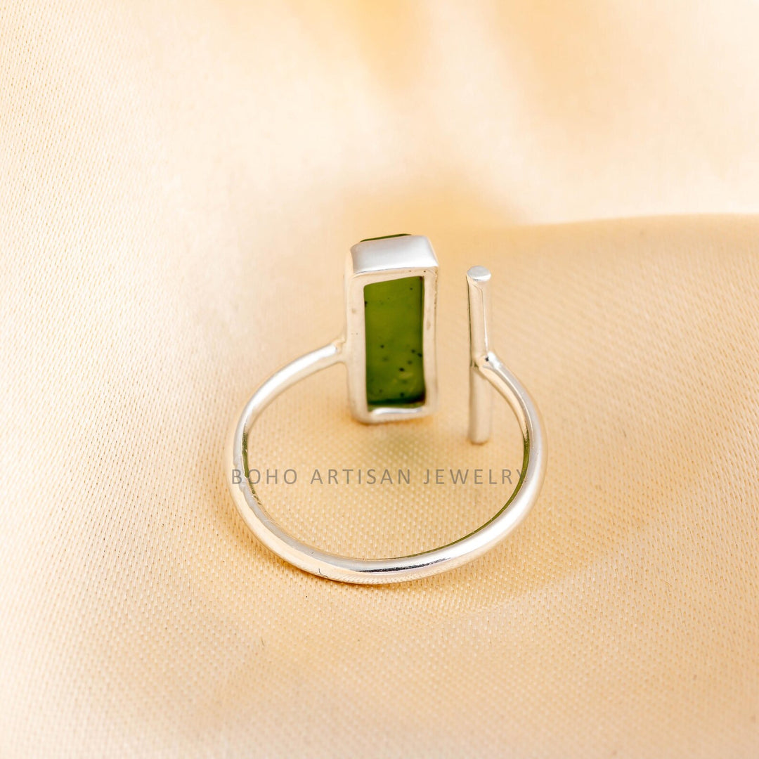 Raw Green Jade Bar Ring: Sterling Silver Adjustable Statement Jewelry