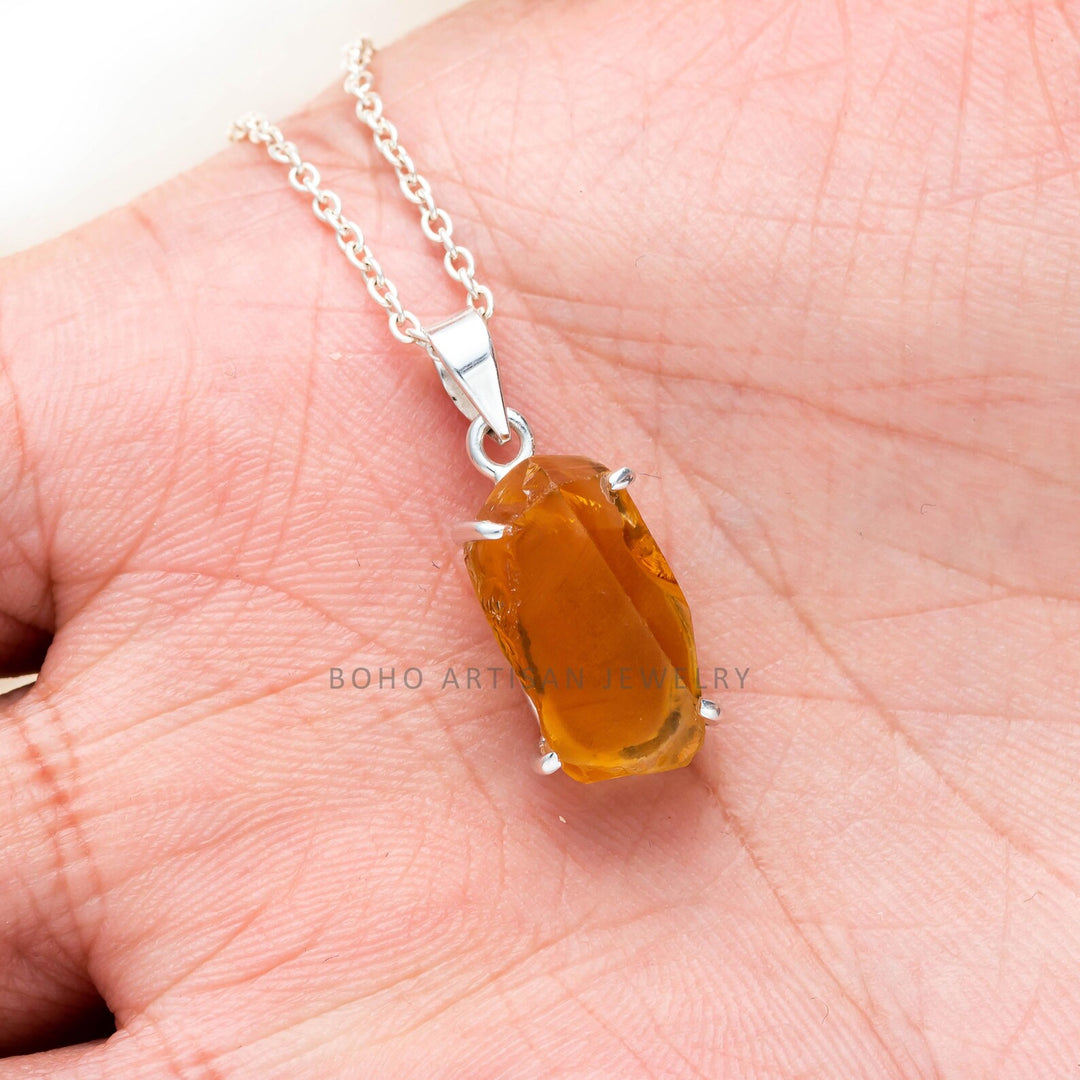 Raw Citrine Pendant: 925 Sterling Silver Healing Crystal Necklace