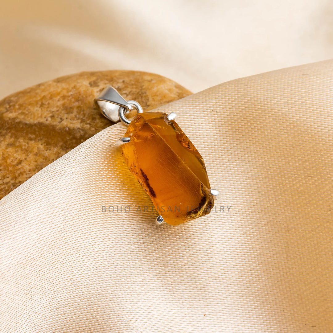 Raw Citrine Pendant: 925 Sterling Silver Healing Crystal Necklace
