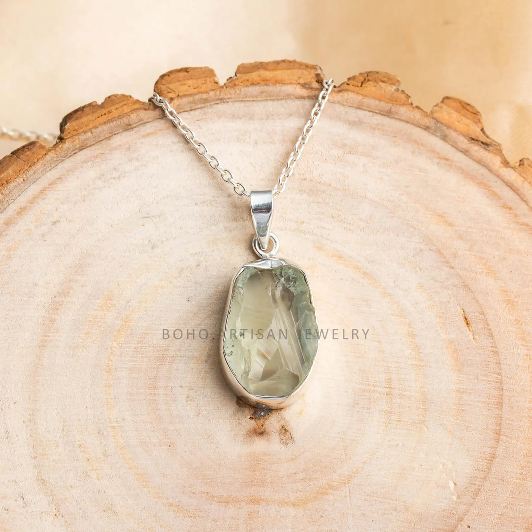 Raw Green Amethyst Pendant: Sterling Silver Prasiolite Necklace