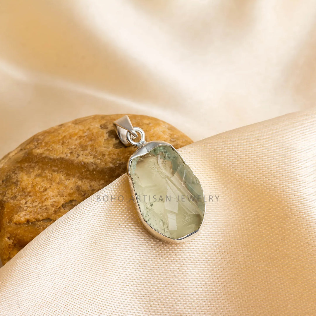 Raw Green Amethyst Pendant: Sterling Silver Prasiolite Necklace