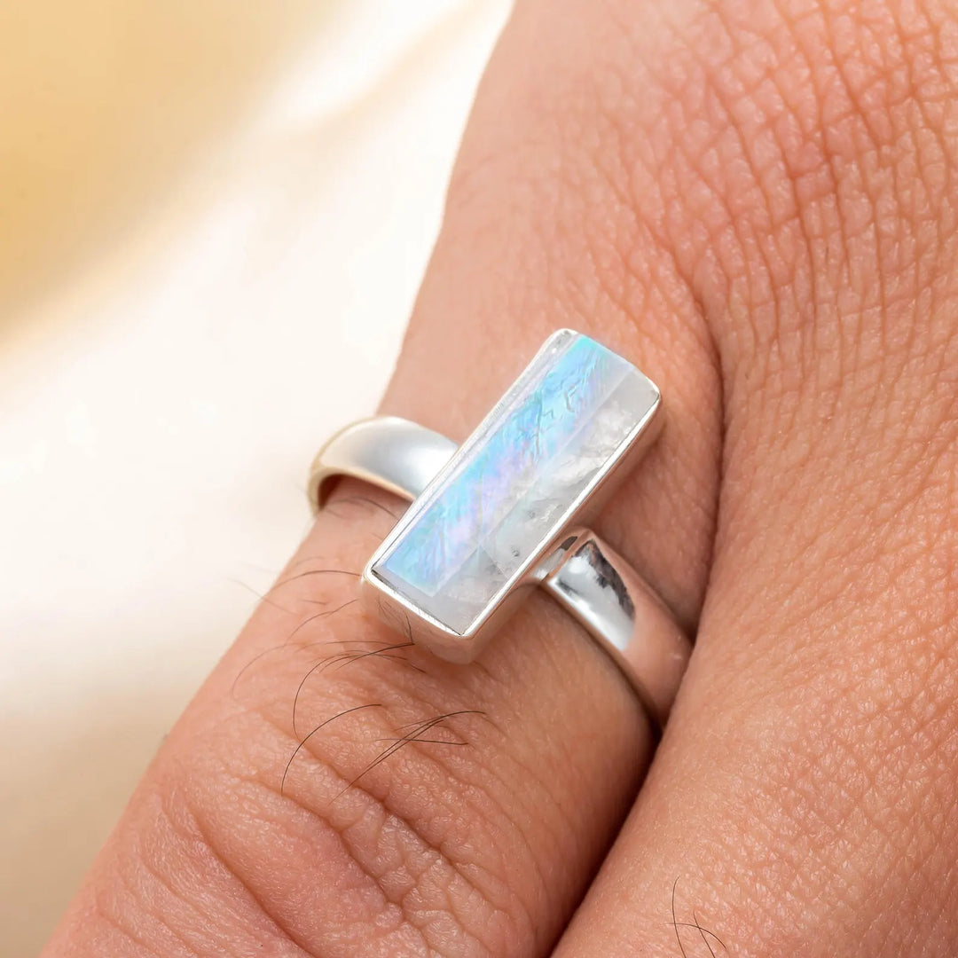 Moonstone Adjustable Ring, Thin Bar Ring, Sterling Silver Ring, Stackable Jewelry, Dainty Bar Ring, June Birthstone Jewelry, Gift for her