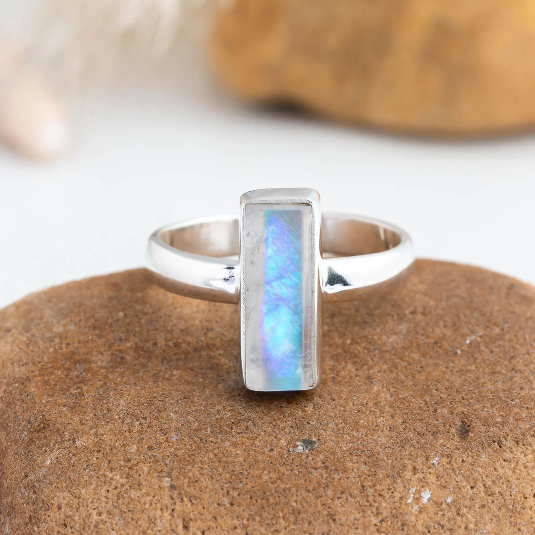 Moonstone Adjustable Ring, Thin Bar Ring, Sterling Silver Ring, Stackable Jewelry, Dainty Bar Ring, June Birthstone Jewelry, Gift for her