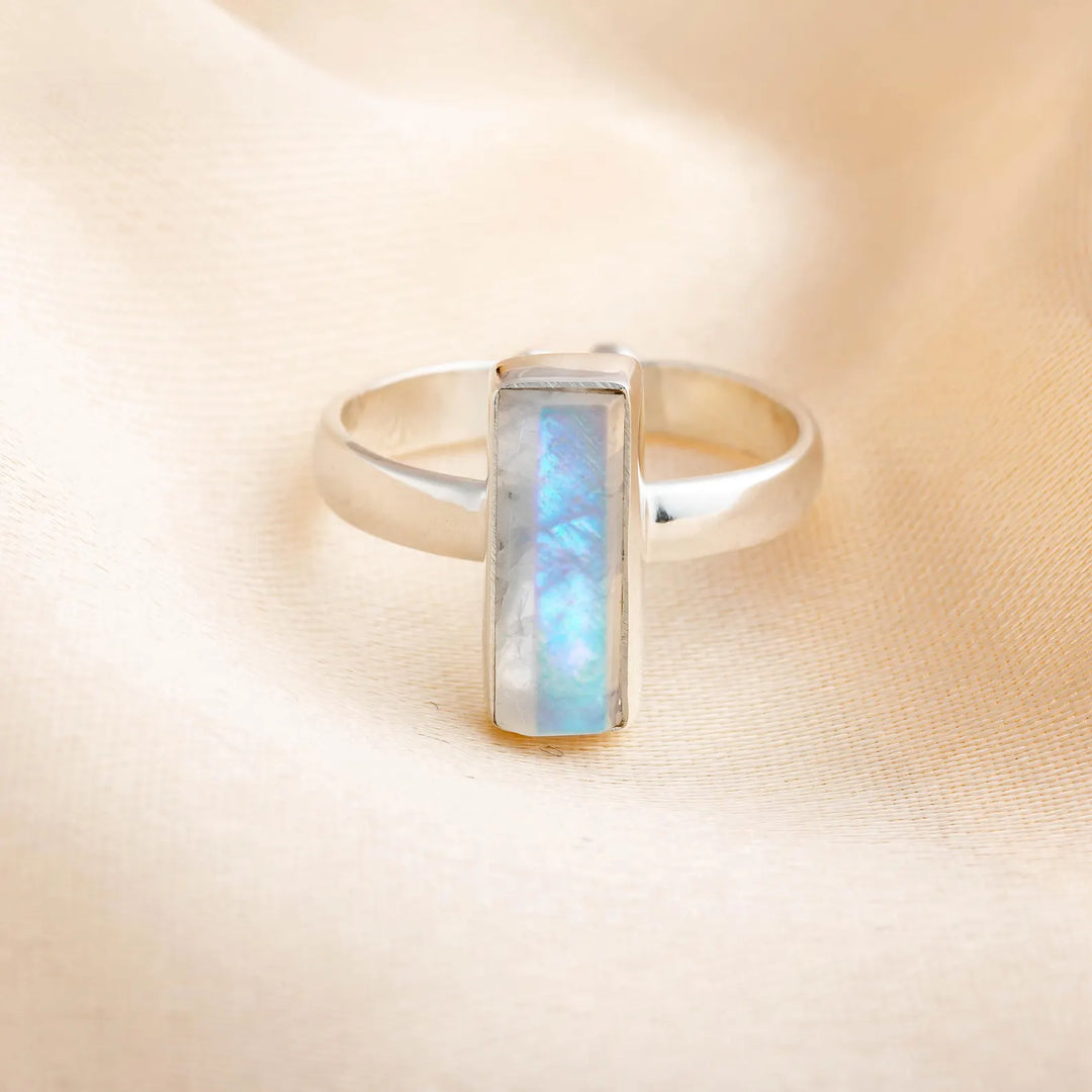 Moonstone Adjustable Ring, Thin Bar Ring, Sterling Silver Ring, Stackable Jewelry, Dainty Bar Ring, June Birthstone Jewelry, Gift for her