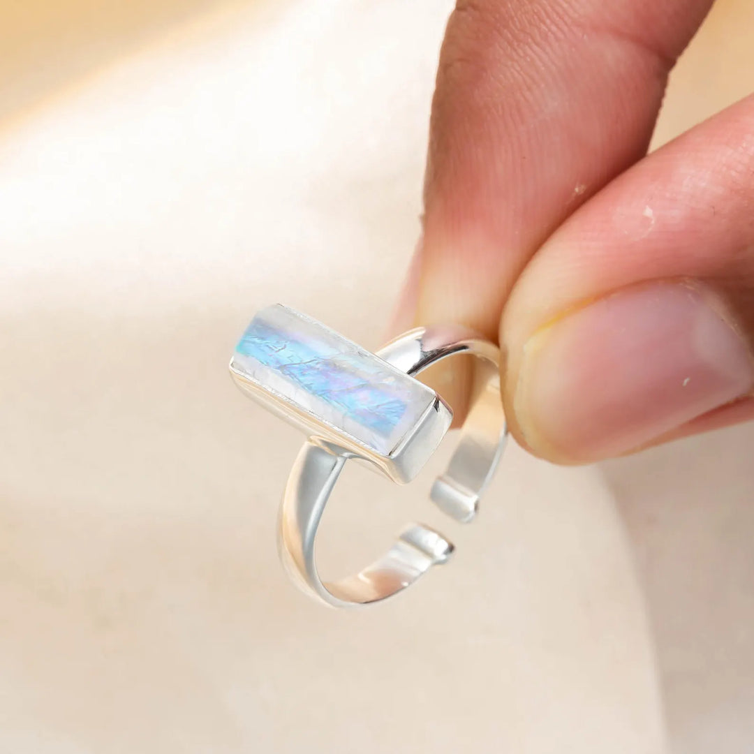 Moonstone Adjustable Ring, Thin Bar Ring, Sterling Silver Ring, Stackable Jewelry, Dainty Bar Ring, June Birthstone Jewelry, Gift for her