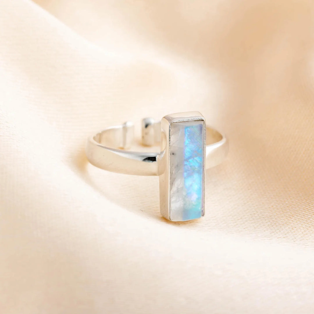 Moonstone Adjustable Ring, Thin Bar Ring, Sterling Silver Ring, Stackable Jewelry, Dainty Bar Ring, June Birthstone Jewelry, Gift for her