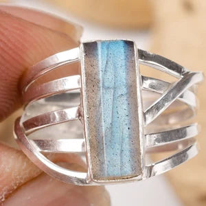 Raw Labradorite Sterling Silver Ring: Boho Healing Crystal Jewelry