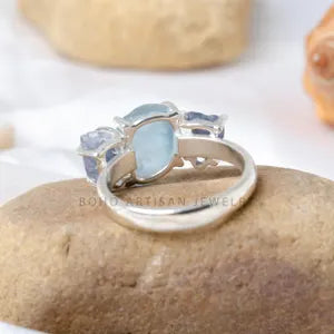 Raw Aquamarine Sapphire Ring: Sterling Silver Three Stone Boho Jewelry