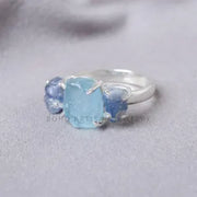 Raw Aquamarine Sapphire Ring: Sterling Silver Three Stone Boho Jewelry