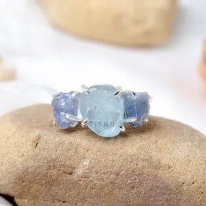 Raw Aquamarine Sapphire Ring: Sterling Silver Three Stone Boho Jewelry
