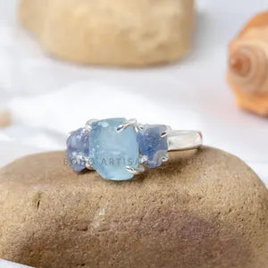 Raw Aquamarine Sapphire Ring: Sterling Silver Three Stone Boho Jewelry