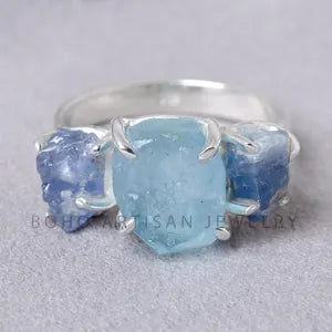 Raw Aquamarine Sapphire Ring: Sterling Silver Three Stone Boho Jewelry