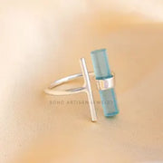 Raw Aquamarine Bar Ring: 925 Sterling Silver Adjustable Band