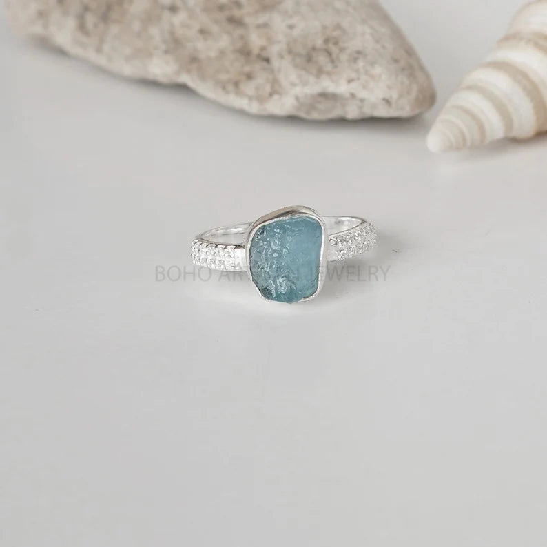 Raw Aquamarine Ring: Sterling Silver CZ Stacking Band, Boho Jewelry