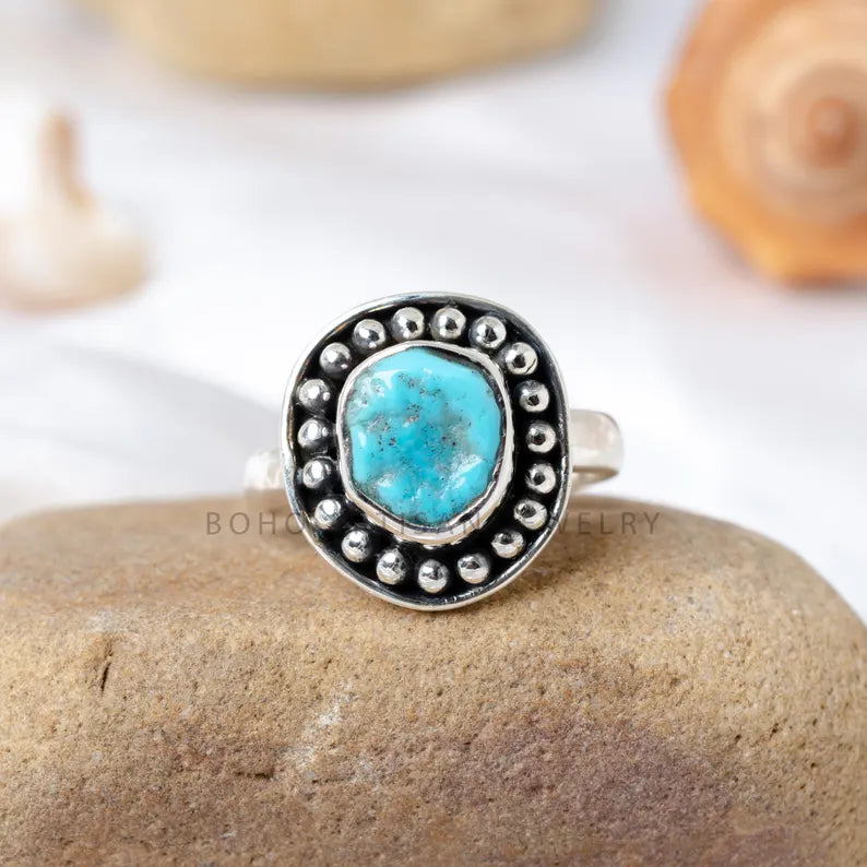 Oxidized Sterling Silver Turquoise Ring: Raw Gemstone Boho Band