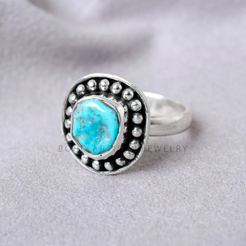 Oxidized Sterling Silver Turquoise Ring: Raw Gemstone Boho Band