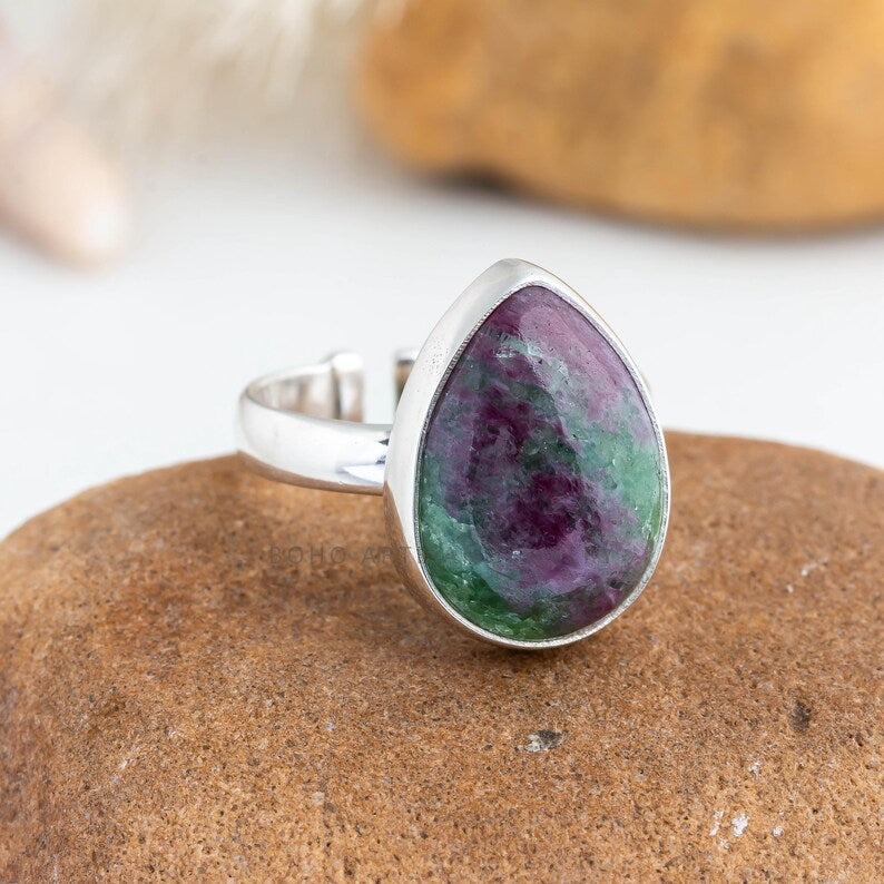 Ruby Zoisite Sterling Silver Ring: Adjustable Pear Cabochon