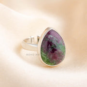 Ruby Zoisite Sterling Silver Ring: Adjustable Pear Cabochon