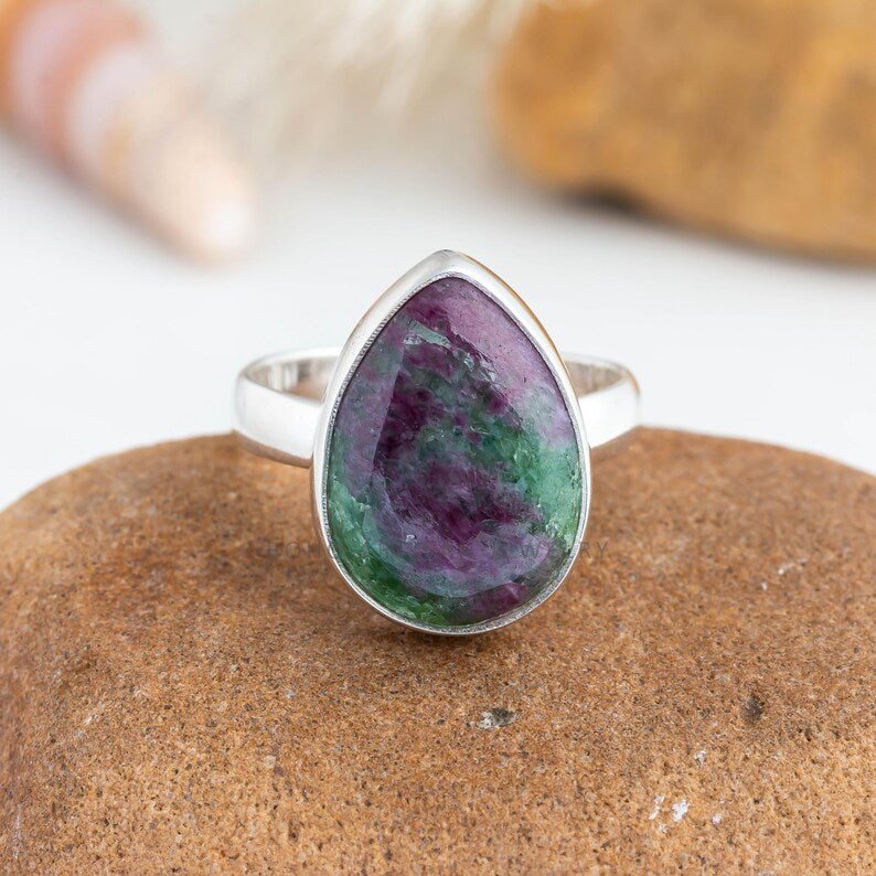 Ruby Zoisite Sterling Silver Ring: Adjustable Pear Cabochon