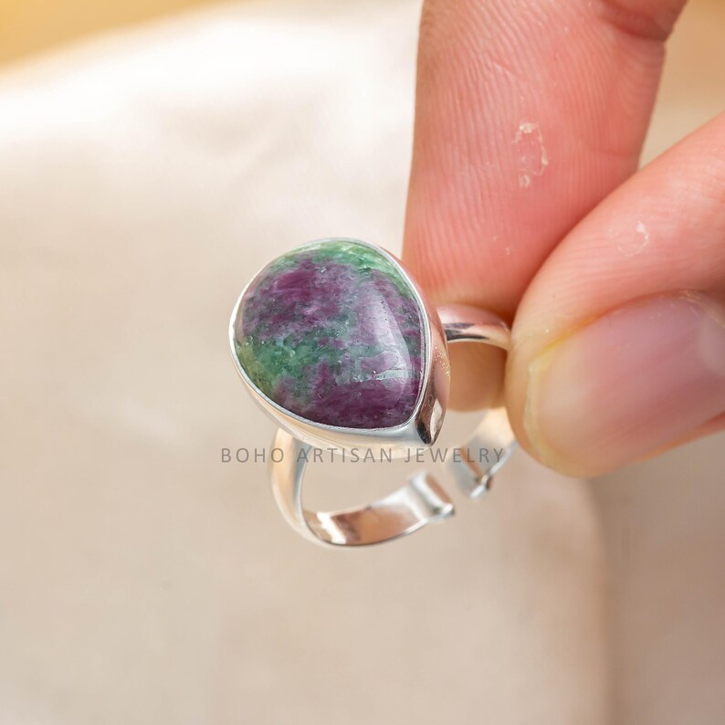 Ruby Zoisite Sterling Silver Ring: Adjustable Pear Cabochon