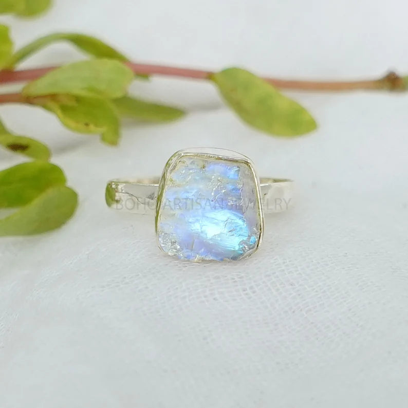 RAW Moonstone Ring, Crystal Stone Silver Jewelry, RHODIUM over Silver, Blue Fire Moonstone, Rough Stone, July Birthstone, Bestseller