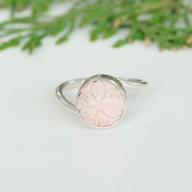 Twisted Sterling Silver Pink Opal Ring: Handmade Boho Jewelry