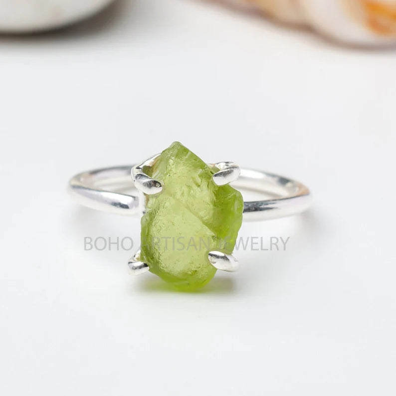 Raw Peridot Ring, Peridot Sterling Silver Ring, Stacking Band Ring, Raw Gemstone Ring, August Birthstone, Crystal Ring, Gift for Mom