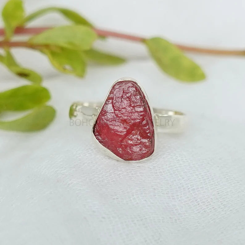 Raw Rhodonite Ring: Sterling Silver Boho Jewelry