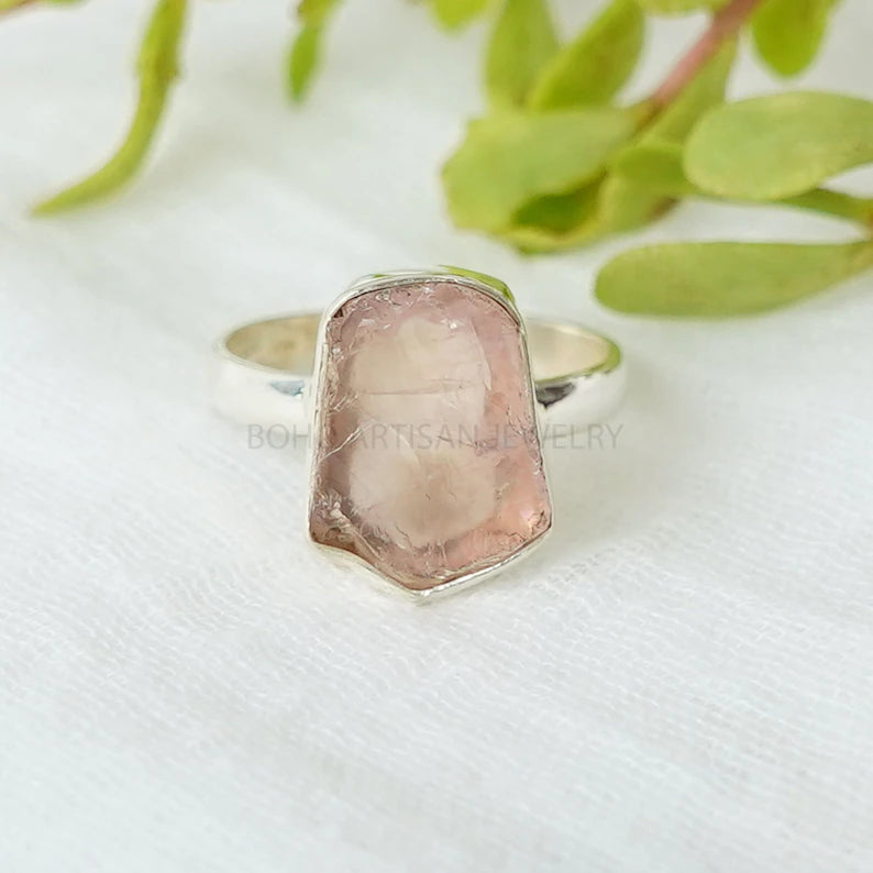 Raw Rose Quartz Ring: Sterling Silver Boho Ring, Healing Crystal